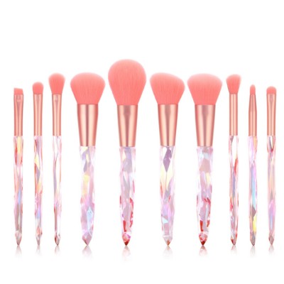 New arrival holographic 10pcs crystal coral color cosmetic nylon fiber cheap makeup brush set